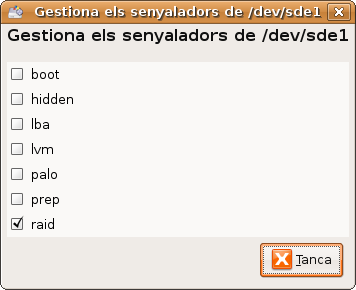 Ventana GParted donde marcar señalador RAID